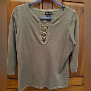 Question Olive Green Women's V-Neck Top with brass rings. Size Large EUC